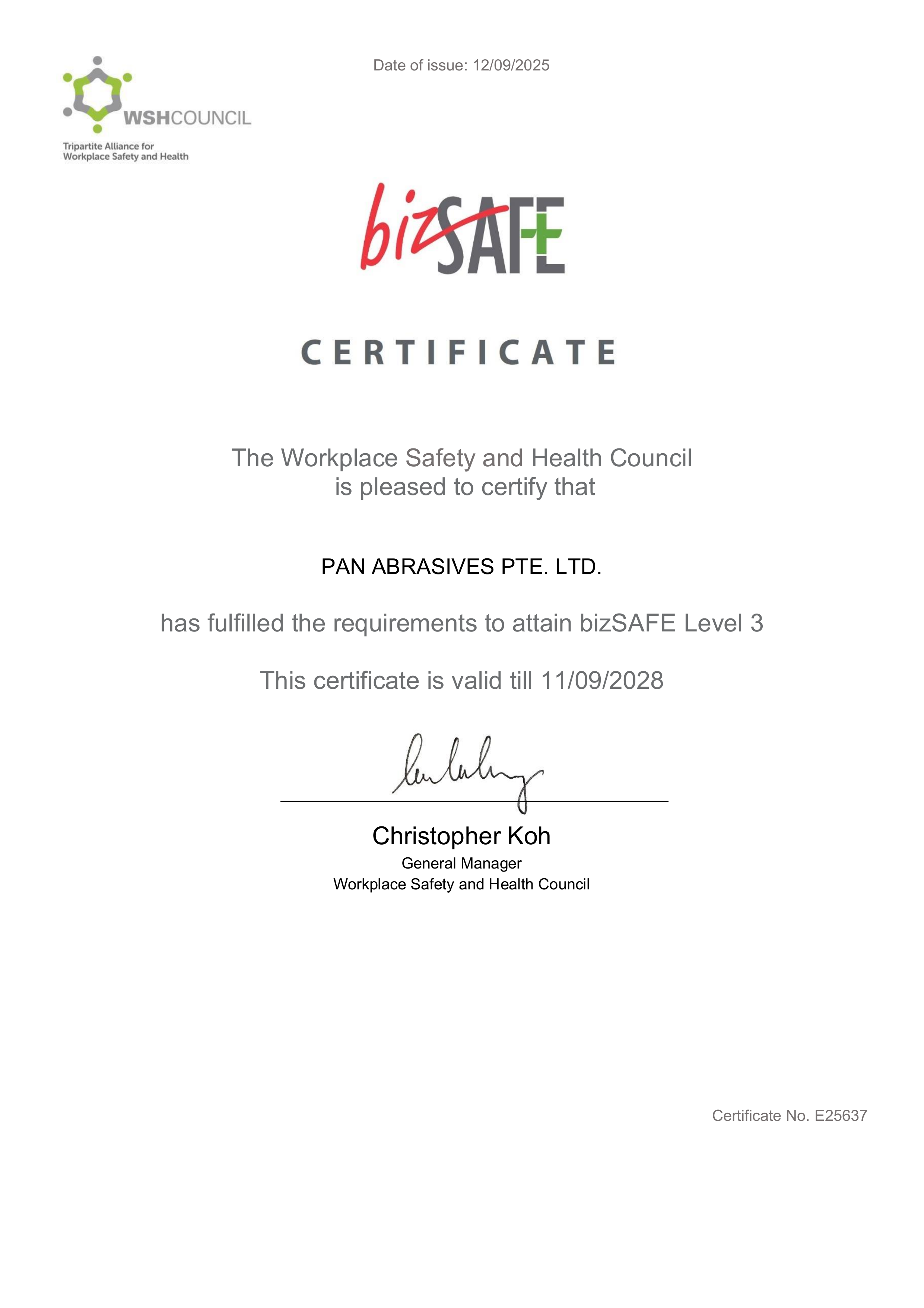 Pan Abrasives bizSAFE workplace safety certification