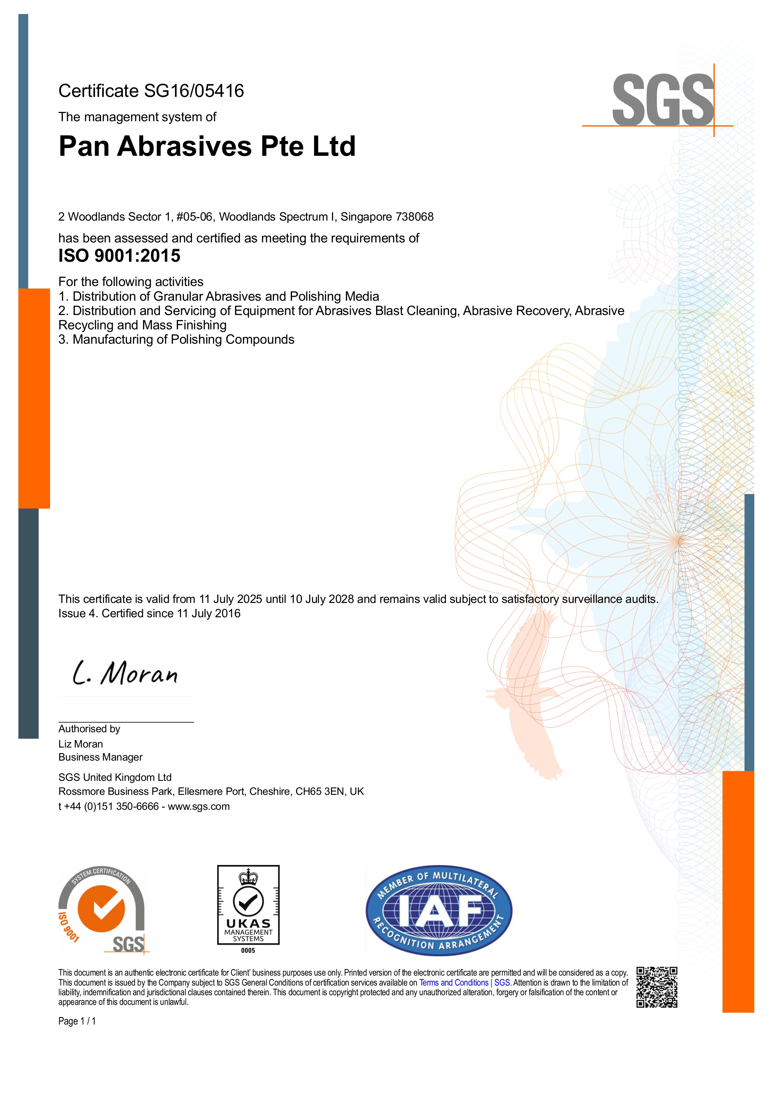 Pan Abrasives SGS ISO 9001 quality management certification